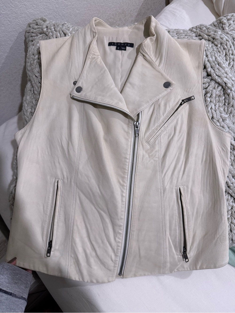Theory Off-White Leather Sleeveless Moto Vest